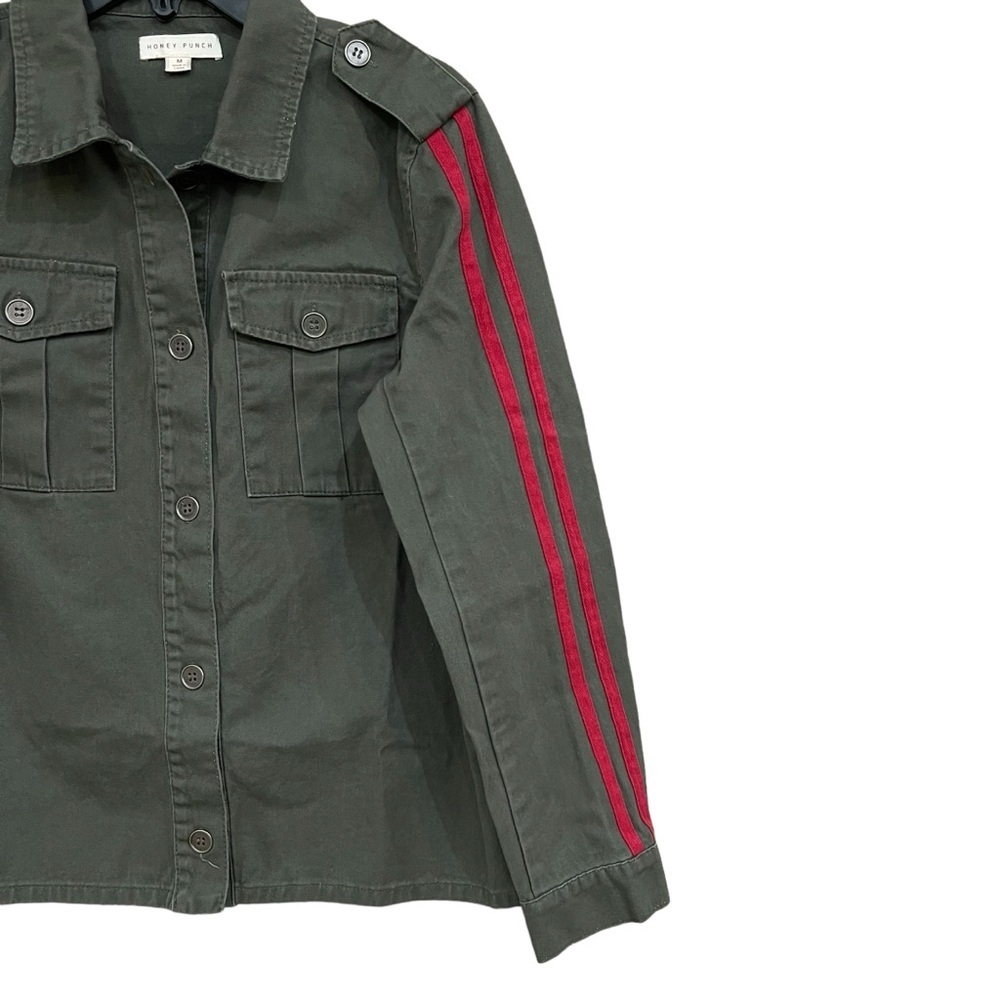 Honey Punch Women’s Green Striped Sleeves Utility/Military Shacket Jacket M‌ - Picture 2 of 7